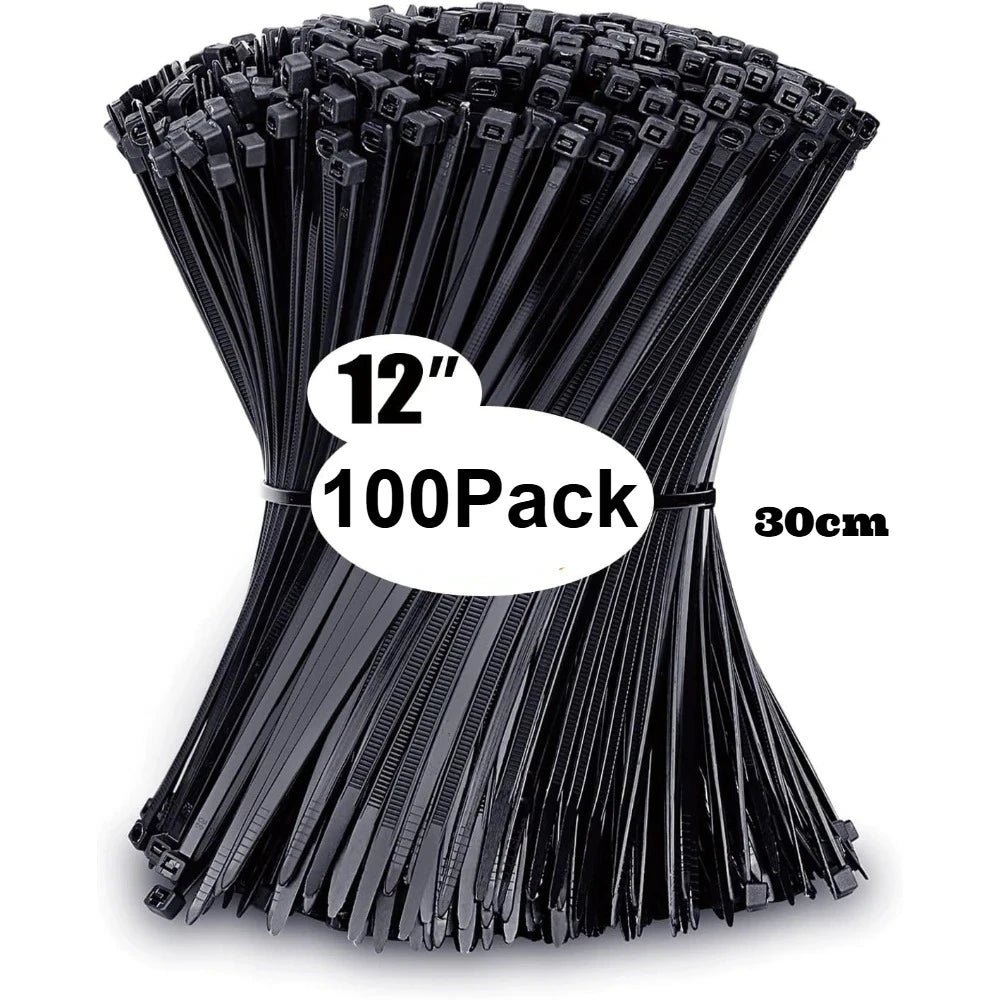 Pack of black cable ties with a label indicating size and quantity on a white background