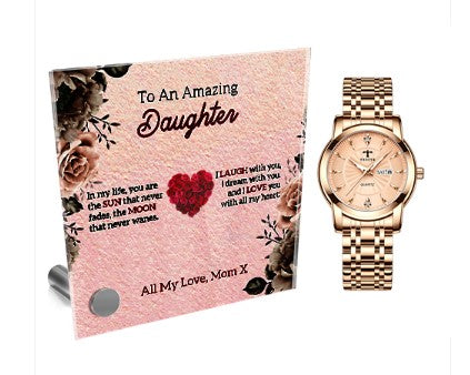 Elevate Your Gift to Timeless Elegance with Our Gold Stainless Steel Ladies' Watch & Personalized Lumenglass Message Stand