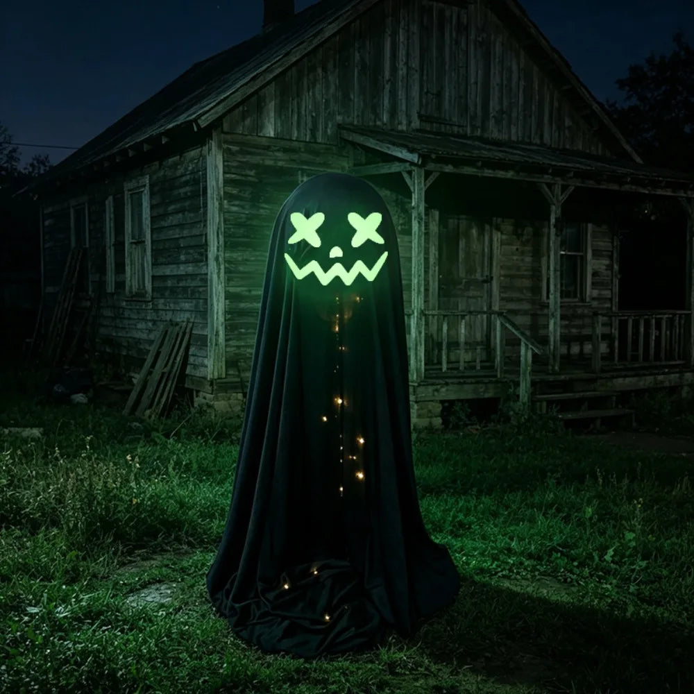 A ghost-shaped Halloween decoration draped in a black sheet stands in front of an old wooden house at night. The face area glows green with X eyes and a jagged mouth, and small warm lights are visible along the sheet.