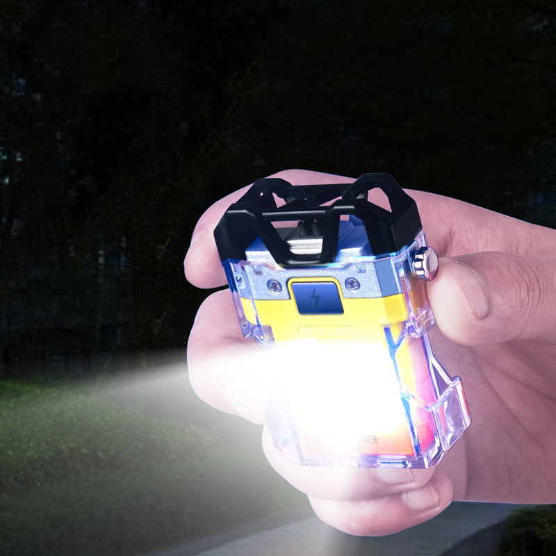 This Transparent Flashlight Double Arc Charging Lighter features a sleek, transparent design. Equipped with two reversible arc charging points, it optimizes efficiency for both lightning and micro USB rechargeable devices.