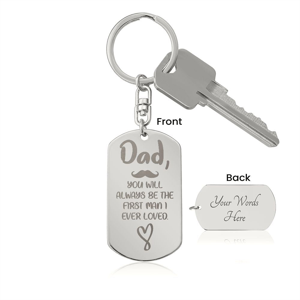 Create a unique keepsake with our Engraved Dog Tag Keychain. This high-quality stainless steel piece can be customized on the back in a scripted font, with 2 lines of text, up to 20 characters each.
