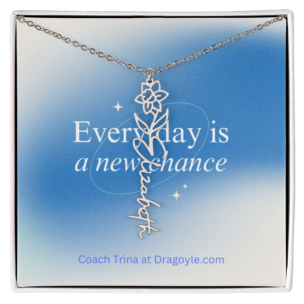 Give the gift of support and new beginnings with our Supportive New Chance Flower Name Necklace. This delicate necklace features a beautiful flower design with your choice of name, reminding the wearer of their inner strength and potential for growth. A thoughtful and meaningful piece, perfect for any occasion.