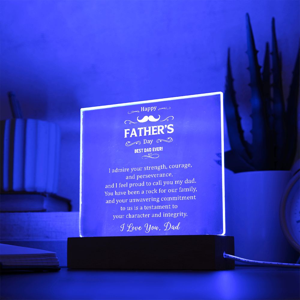 Say 'Happy Father's Day' in style with this beautiful Happy Father's Day Square Acrylic Plaque. Perfect for walls, shelves or mantles, this plaque adds a special touch to your Father's Day celebration.