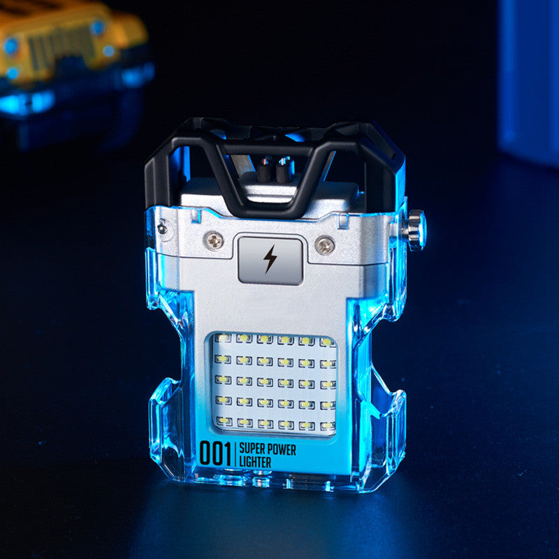 This Transparent Flashlight Double Arc Charging Lighter features a sleek, transparent design. Equipped with two reversible arc charging points, it optimizes efficiency for both lightning and micro USB rechargeable devices.