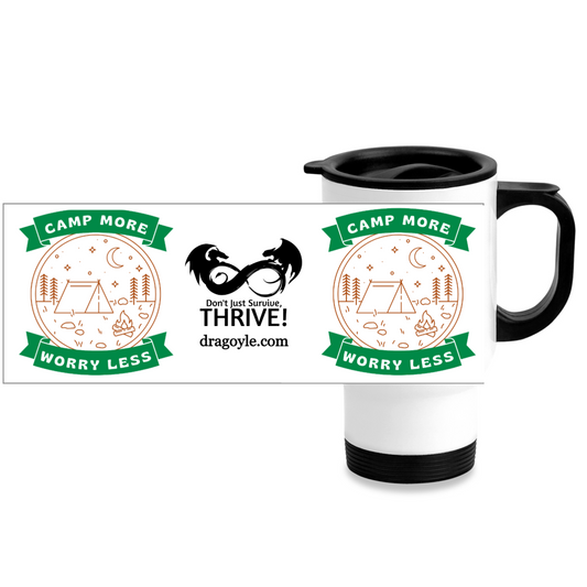 Embrace the great outdoors with our Camp More Worry Less 14oz Stainless Steel Travel Mug! Perfect for keeping your drinks hot or cold while on the go. The durable stainless steel construction and secure lid make it a must-have for any adventurer. Make every sip feel like a mini vacation.