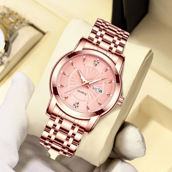 Elevate Your Gift to Timeless Elegance with Our Gold Stainless Steel Ladies' Watch & Personalized Lumenglass Message Stand