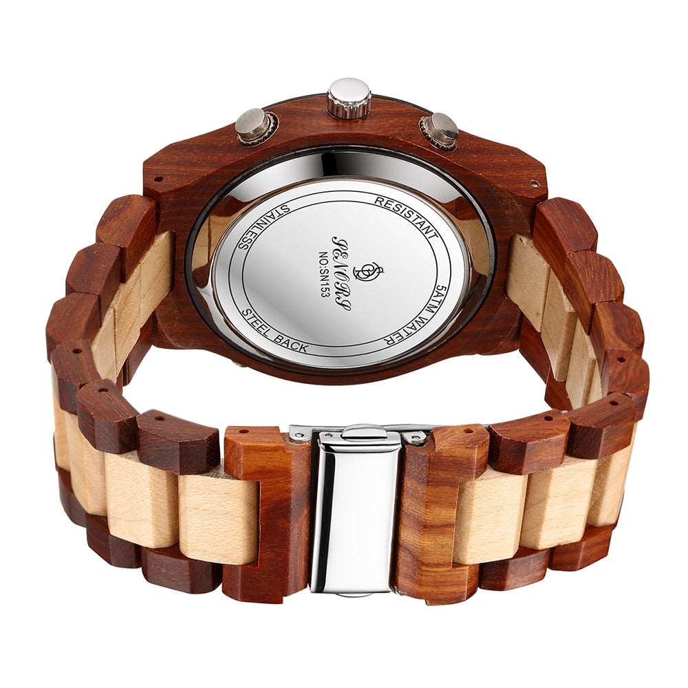 This Top Brand, High Quality Digital Wood Wristwatch is scratch resistant, has a sturdy stainless steal bottom cover, can be submerged up to 30 meters in water, has a luminous pointer and has multi-functional quartz movement.