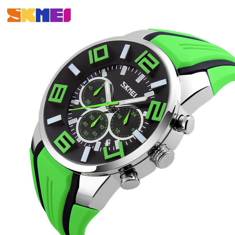 Looking for a stylish sports watch?  Look no further.  This luxury waterproof Chronograph Sports Quartz Watch is perfect for the guy on the go, for any sporting events and even water sports. SKMEI brand watch is a high quality Quartz watch that looks great for any occasion and makes a great gift for the sports fanatic, the man with a unique style, the guy that loves to look good and complete his look with a high quality extravagant watch and it comes in four colors to match all your wardrobe choices.