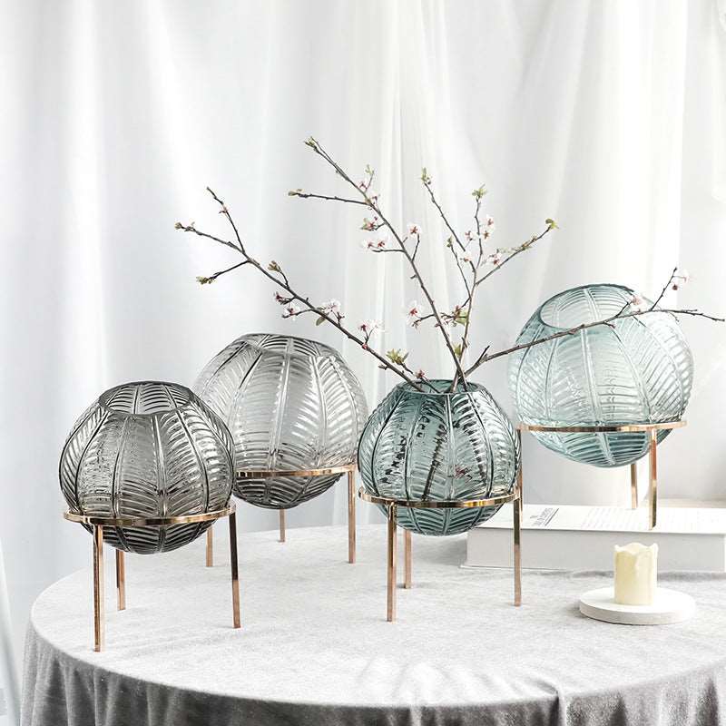 Nordic Leaf Pattern Ball Vase with Metal Frame