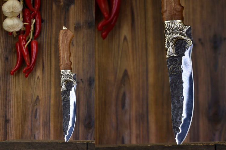 Product Information: Full length: 28.5cm Blade length: 14cm Handle length: 10.5cm Blade width: 4.0cm at the widest point Thickness: 0.3cm Blade material: 7Cr17Mov (7 chromium 17 molybdenum vanadium steel) Handle material: rosewood, fittings: brass