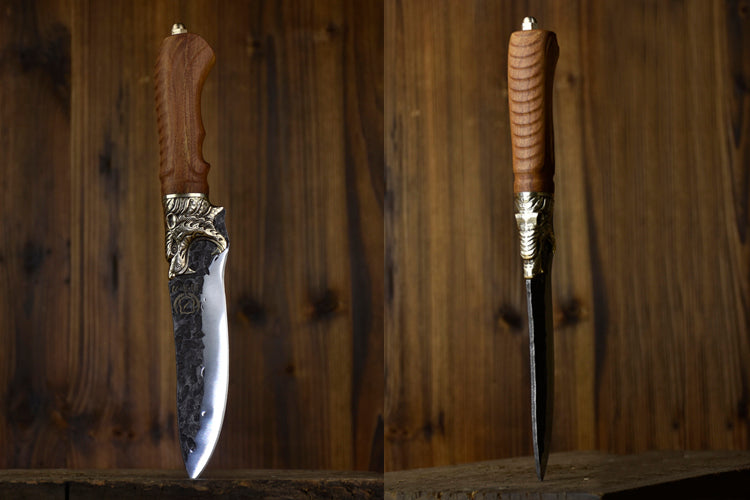 Product Information: Full length: 28.5cm Blade length: 14cm Handle length: 10.5cm Blade width: 4.0cm at the widest point Thickness: 0.3cm Blade material: 7Cr17Mov (7 chromium 17 molybdenum vanadium steel) Handle material: rosewood, fittings: brass