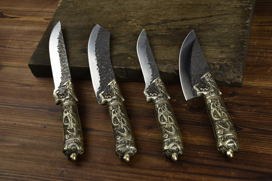 Dragon Handle Boning Knife Set Full length: 34.5cm Blade length: 18cm Handle length: 12cm Blade width: 3.5cm Thickness: 0.30cm Blade material: 7Cr17MOV (7 chromium 17 molybdenum vanadium steel) Handle material: brass Tooling: brass Net weight: 700g