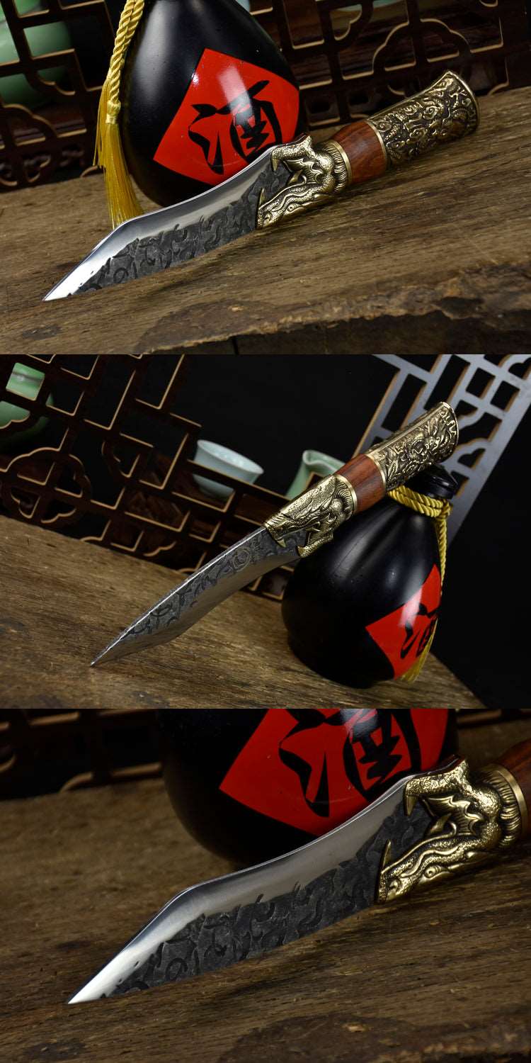 Yulong Single Bone Knife Product Information:  Full length: 28.5cm. Blade length: 14cm. Handle length: 10.5cm. Blade width: 4.0cm at the widest point. Thickness: 0.3cm. Blade material: 7Cr17Mov (7 chromium 17 molybdenum vanadium steel). Handle material: rosewood, fittings: brass.  This knife is being shipped from China, please allow 6 to 8 weeks for delivery. Thank you for your patience.