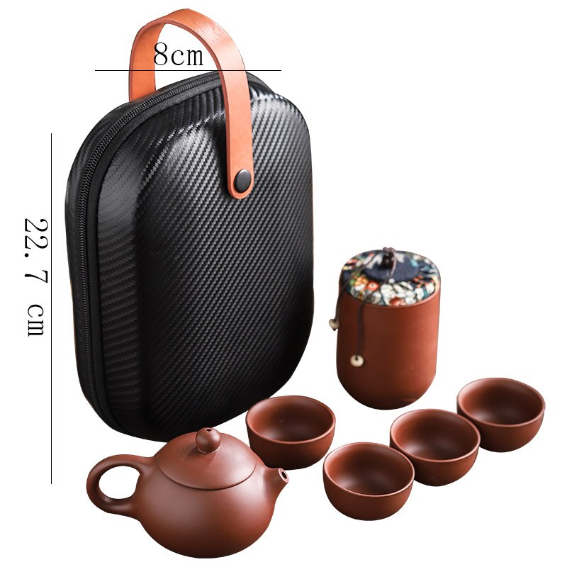 This Ceramic purple sand portable teapot set Features xishi teapot design, there is a filter in the spout of the teapot, the tea leaf and the tea water can be separated automatically, the beautiful details of this traditional Chinese craftsmanship will bring beauty and elegance to your living room or office. suitable size, convenient to carry, safe and easy to store with portable storage bag.