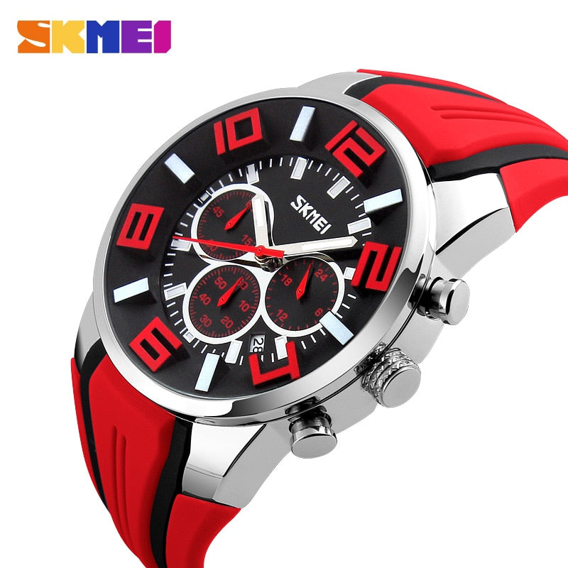 Looking for a stylish sports watch?  Look no further.  This luxury waterproof Chronograph Sports Quartz Watch is perfect for the guy on the go, for any sporting events and even water sports. SKMEI brand watch is a high quality Quartz watch that looks great for any occasion and makes a great gift for the sports fanatic, the man with a unique style, the guy that loves to look good and complete his look with a high quality extravagant watch and it comes in four colors to match all your wardrobe choices.