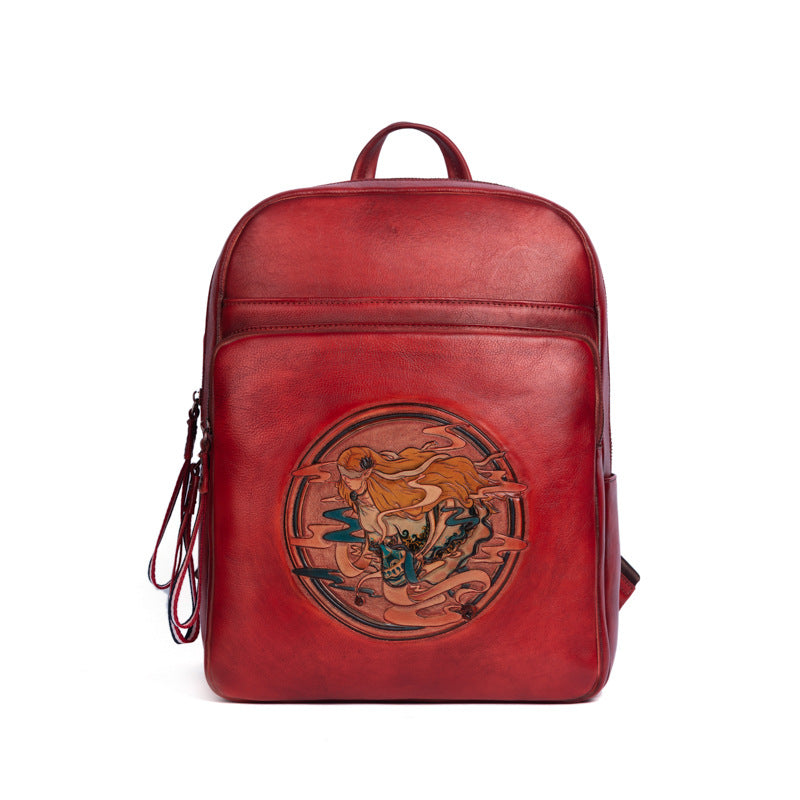 Large-capacity Leather Shoulder Bag Leather Hand-carved Semi-hand Carved Product information; Material: Leather Cortex features: first layer cowhide Bag trend style: Backpack Bag size; large Popular elements: retro Lining quality; Shandong silk Bag shape: box type Opening method: Zipper Processing method: embossing Hardness: soft Size; retro brown, retro black, retro red, retro green