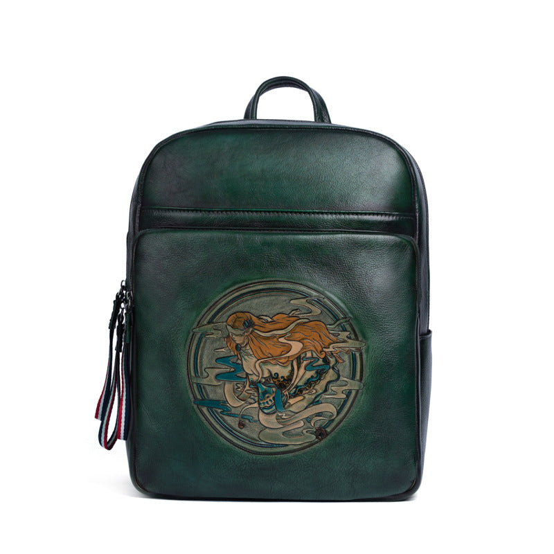 Large-capacity Leather Shoulder Bag Leather Hand-carved Semi-hand Carved Product information; Material: Leather Cortex features: first layer cowhide Bag trend style: Backpack Bag size; large Popular elements: retro Lining quality; Shandong silk Bag shape: box type Opening method: Zipper Processing method: embossing Hardness: soft Size; retro brown, retro black, retro red, retro green