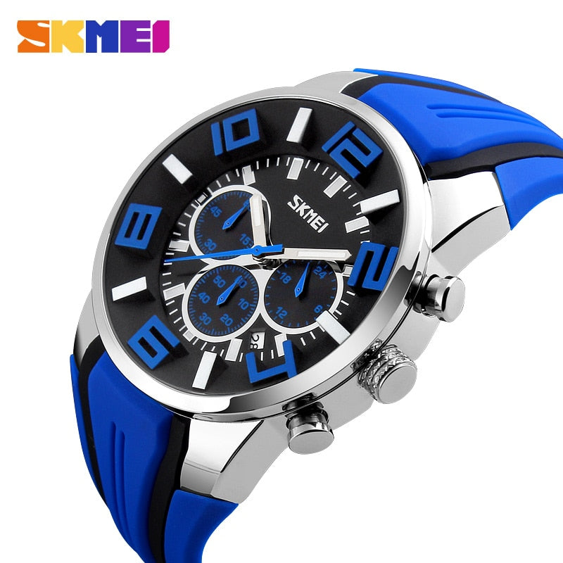 Looking for a stylish sports watch?  Look no further.  This luxury waterproof Chronograph Sports Quartz Watch is perfect for the guy on the go, for any sporting events and even water sports. SKMEI brand watch is a high quality Quartz watch that looks great for any occasion and makes a great gift for the sports fanatic, the man with a unique style, the guy that loves to look good and complete his look with a high quality extravagant watch and it comes in four colors to match all your wardrobe choices.