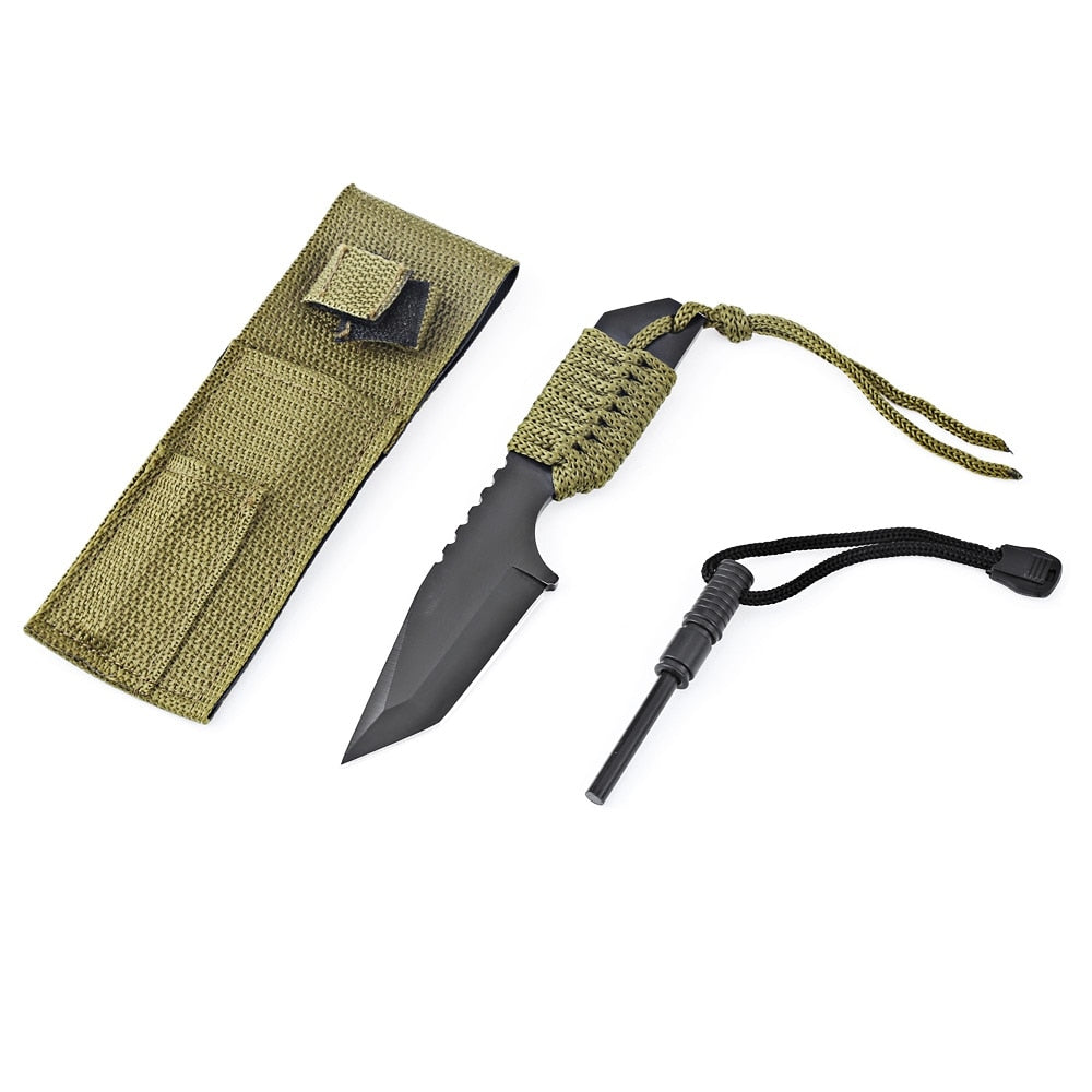 This Tanto band knife with a fire starter has a full tang fixed blade knife with ergonomics design, gives you a more comfortable and secure grip feeling. Stainless steel blade which is durable and practical.
