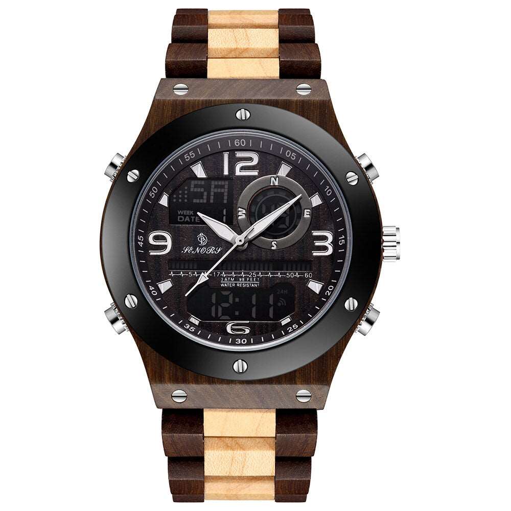 This Top Brand, High Quality Digital Wood Wristwatch is scratch resistant, has a sturdy stainless steal bottom cover, can be submerged up to 30 meters in water, has a luminous pointer and has multi-functional quartz movement.