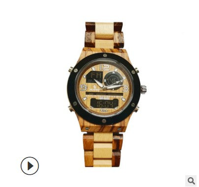 This Top Brand, High Quality Digital Wood Wristwatch is scratch resistant, has a sturdy stainless steal bottom cover, can be submerged up to 30 meters in water, has a luminous pointer and has multi-functional quartz movement.