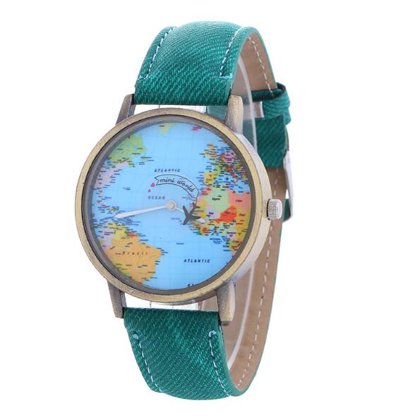 Beautiful Quartz Global Travel By-Plane Map Watch with Denim band. Comes in a great variety of colors to fit your individual personality.