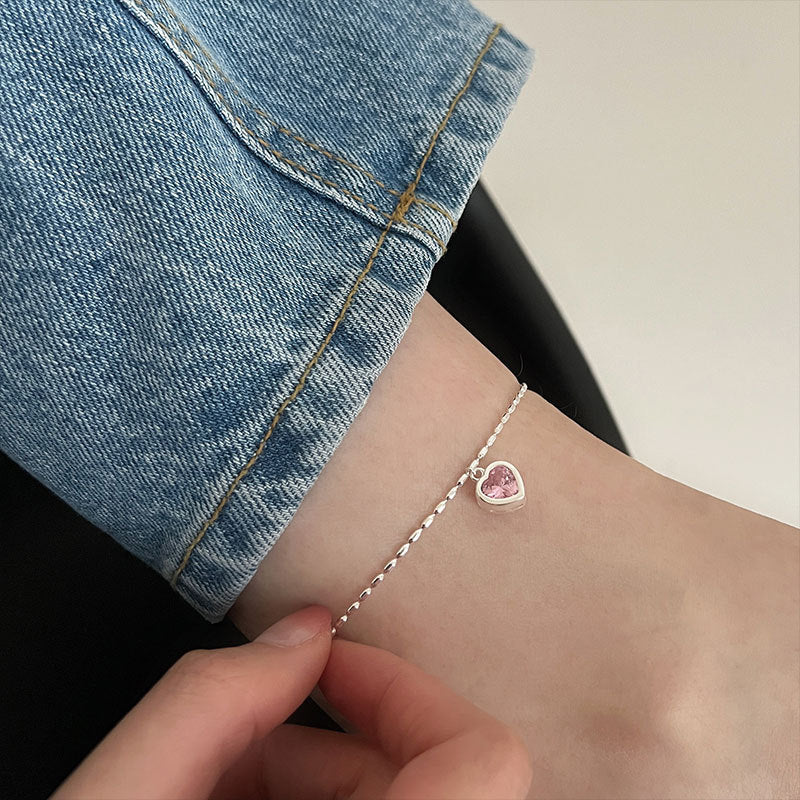 925 Sterling Silver Heart-Shaped Pink Anklet
