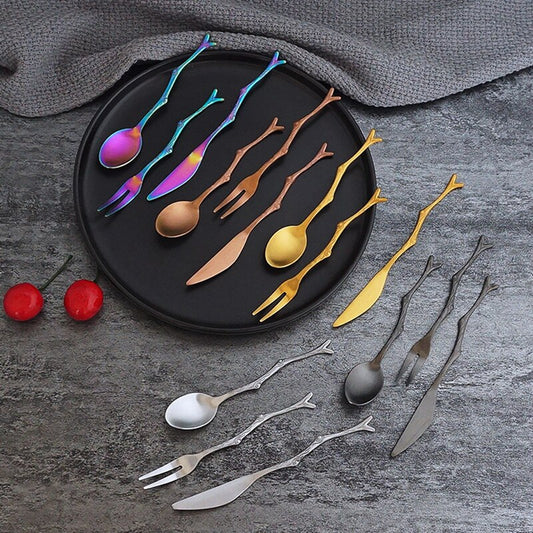 These handsome stainless steel branch style cutlery pieces make a most excellent addition to a special dinner or fun outdoor picnic. With several colors to choose from you can mix and match or purchase the same style in the amount that fits your special occasion. The stick design is fun and quirky.  Enjoy the entertainment factor at parties, let others be jealous.