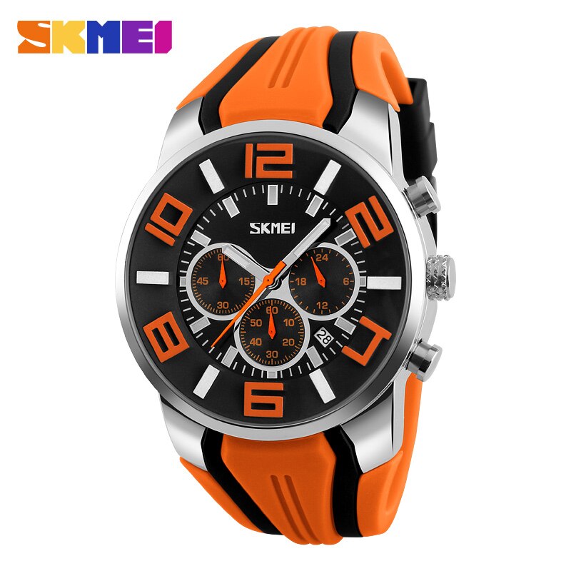 Looking for a stylish sports watch?  Look no further.  This luxury waterproof Chronograph Sports Quartz Watch is perfect for the guy on the go, for any sporting events and even water sports. SKMEI brand watch is a high quality Quartz watch that looks great for any occasion and makes a great gift for the sports fanatic, the man with a unique style, the guy that loves to look good and complete his look with a high quality extravagant watch and it comes in four colors to match all your wardrobe choices.
