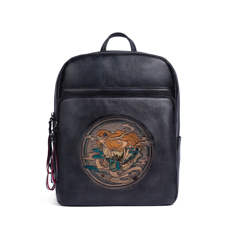 Large-capacity Leather Shoulder Bag Leather Hand-carved Semi-hand Carved Product information; Material: Leather Cortex features: first layer cowhide Bag trend style: Backpack Bag size; large Popular elements: retro Lining quality; Shandong silk Bag shape: box type Opening method: Zipper Processing method: embossing Hardness: soft Size; retro brown, retro black, retro red, retro green