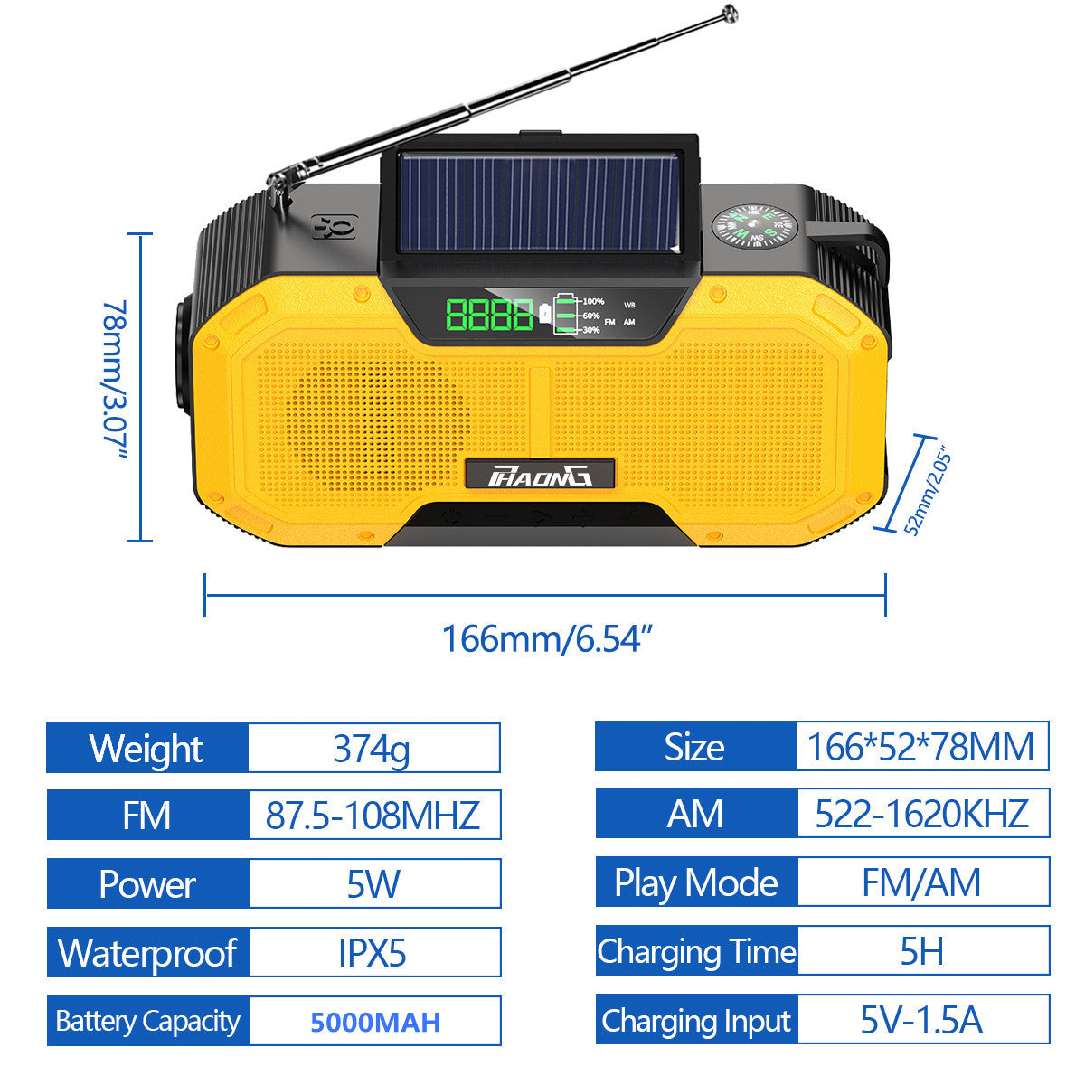 This solar powered emergency radio has a Bluetooth speaker, strong flashlight and several mobile phone charger plugs. This is great for your emergency kits, camping kits and can provide much needed solar power when electricity isn't available due to an emergency situation.