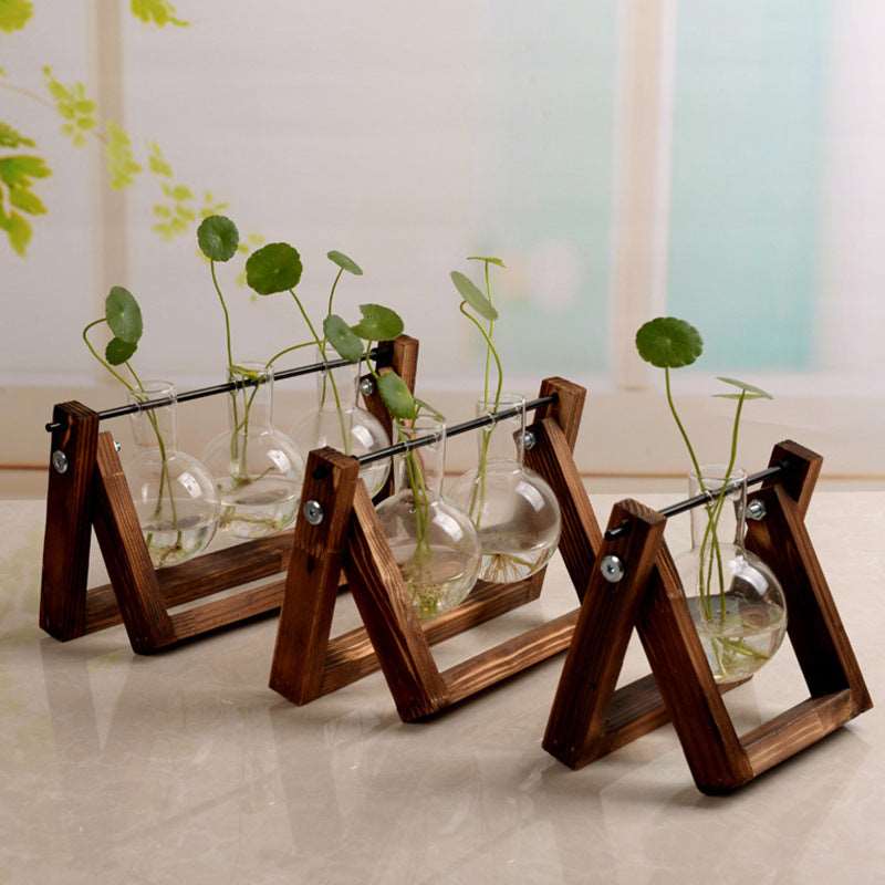 hydroponic plant vase Swing Wooden Stand Hydroponic Plant Container Glass Vase – Dragoyle LLC