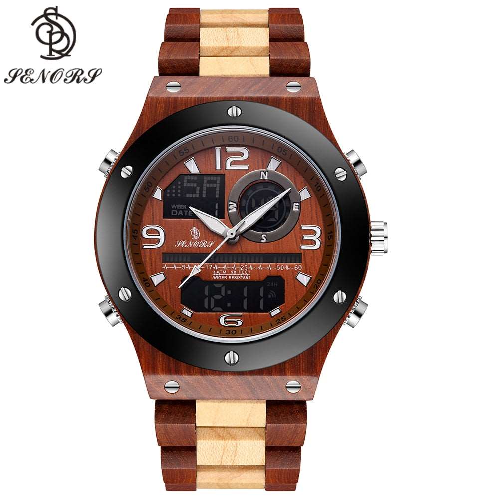 This Top Brand, High Quality Digital Wood Wristwatch is scratch resistant, has a sturdy stainless steal bottom cover, can be submerged up to 30 meters in water, has a luminous pointer and has multi-functional quartz movement.