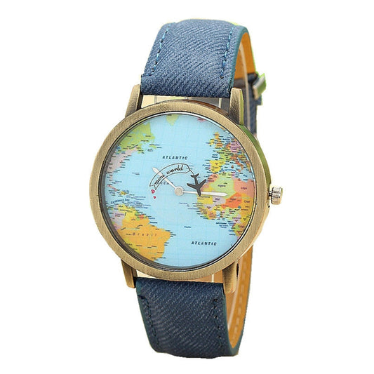 Beautiful Quartz Global Travel By-Plane Map Watch with Denim band. Comes in a great variety of colors to fit your individual personality.
