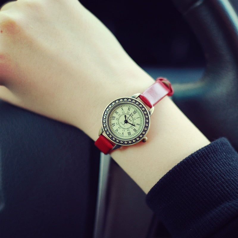 This beautiful vintage style designer watch will bring together your outfit and shows the classy lady that you are. There are several colors to choose from, made with Stainless Steal and has a leather wristband.