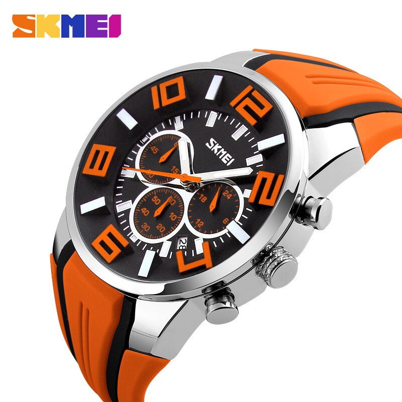 Looking for a stylish sports watch?  Look no further.  This luxury waterproof Chronograph Sports Quartz Watch is perfect for the guy on the go, for any sporting events and even water sports. SKMEI brand watch is a high quality Quartz watch that looks great for any occasion and makes a great gift for the sports fanatic, the man with a unique style, the guy that loves to look good and complete his look with a high quality extravagant watch and it comes in four colors to match all your wardrobe choices.