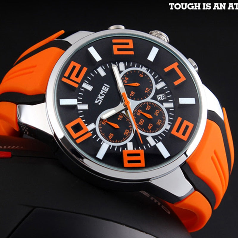 Looking for a stylish sports watch?  Look no further.  This luxury waterproof Chronograph Sports Quartz Watch is perfect for the guy on the go, for any sporting events and even water sports. SKMEI brand watch is a high quality Quartz watch that looks great for any occasion and makes a great gift for the sports fanatic, the man with a unique style, the guy that loves to look good and complete his look with a high quality extravagant watch and it comes in four colors to match all your wardrobe choices.