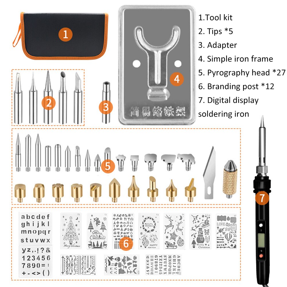 48pcs Carving Pyrography Pen Kit with Embossing & Soldering Tips and Wood Burning tools for Crafting, leather work, wood work and any fun project you work on. This Pyrography pen has Adjustable Temperatures for the perfect look in your designs.
