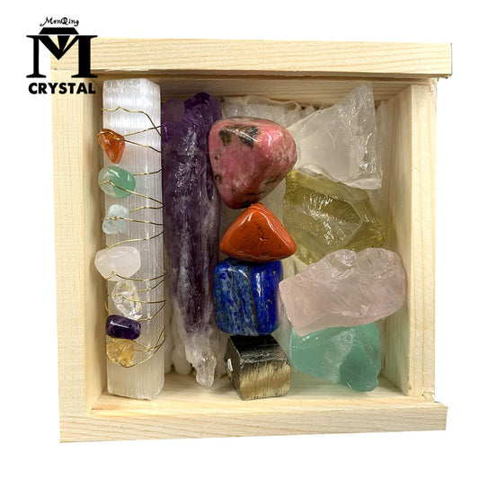 This wooden gift box is filled with natural crystals, mineral specimens and gemstones. There are many ways to use this special gift, such as with natural healing, meditation, Reiki, yoga, Wiccans ceremonies and so much more! Enjoy Amethyst, Chakela, green flourite, rose quartz, citrine, clear quartz, lapis lazuli, red jasper, rodonite and chalcopyrite all nestled in a natural wood gift box.