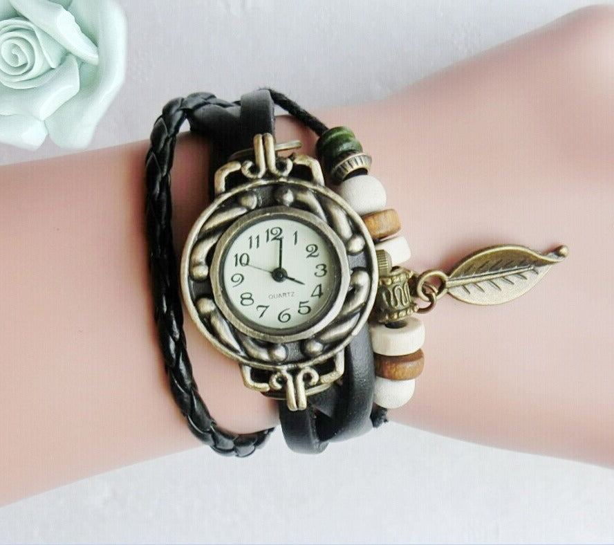 Genuine Leather Vintage Style multicolor High Quality Quartz Watch with a Lovely Bracelet with a snap back.