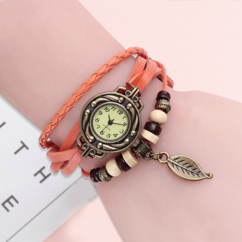 Genuine Leather Vintage Style multicolor High Quality Quartz Watch with a Lovely Bracelet with a snap back.