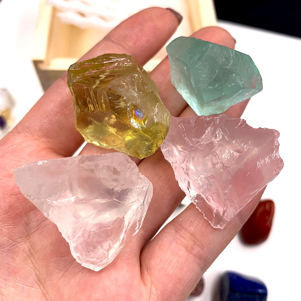 This wooden gift box is filled with natural crystals, mineral specimens and gemstones. There are many ways to use this special gift, such as with natural healing, meditation, Reiki, yoga, Wiccans ceremonies and so much more! Enjoy Amethyst, Chakela, green flourite, rose quartz, citrine, clear quartz, lapis lazuli, red jasper, rodonite and chalcopyrite all nestled in a natural wood gift box.