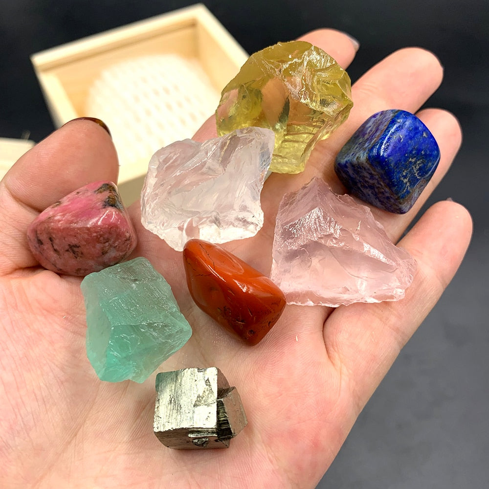 This wooden gift box is filled with natural crystals, mineral specimens and gemstones. There are many ways to use this special gift, such as with natural healing, meditation, Reiki, yoga, Wiccans ceremonies and so much more! Enjoy Amethyst, Chakela, green flourite, rose quartz, citrine, clear quartz, lapis lazuli, red jasper, rodonite and chalcopyrite all nestled in a natural wood gift box.