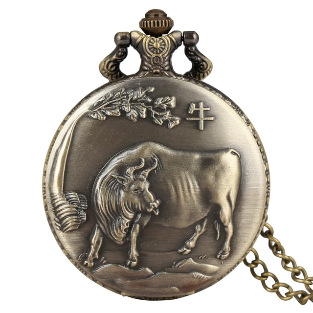 This unique bronze Chinese Zodiac Quartz Pocket Watch makes a fantastic gift for your father, brother, son for Christmas, birthday, anniversary, special occasion. This high quality pocket watch has a nice chain to keep it safe and has a fun steampunk style.