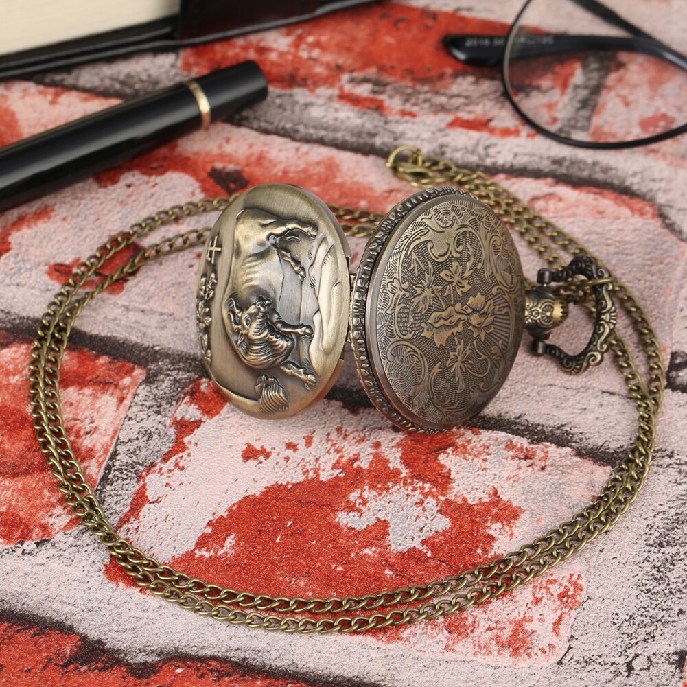This unique bronze Chinese Zodiac Quartz Pocket Watch makes a fantastic gift for your father, brother, son for Christmas, birthday, anniversary, special occasion. This high quality pocket watch has a nice chain to keep it safe and has a fun steampunk style.