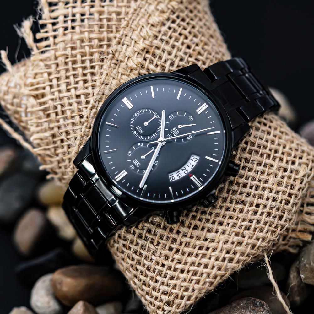 A personalized gift that can withstand constant use, this Customizable Engraved Black Chronograph Watch is the perfect gift for all the special men in your life. A thoughtful groomsmen gift, an anniversary memento, or a long-lasting keepsake for Father’s Day - it's a versatile piece sure to warm hearts and create smiles.