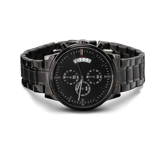 A personalized gift that can withstand constant use, this Customizable Engraved Black Chronograph Watch is the perfect gift for all the special men in your life. A thoughtful groomsmen gift, an anniversary memento, or a long-lasting keepsake for Father’s Day - it's a versatile piece sure to warm hearts and create smiles.
