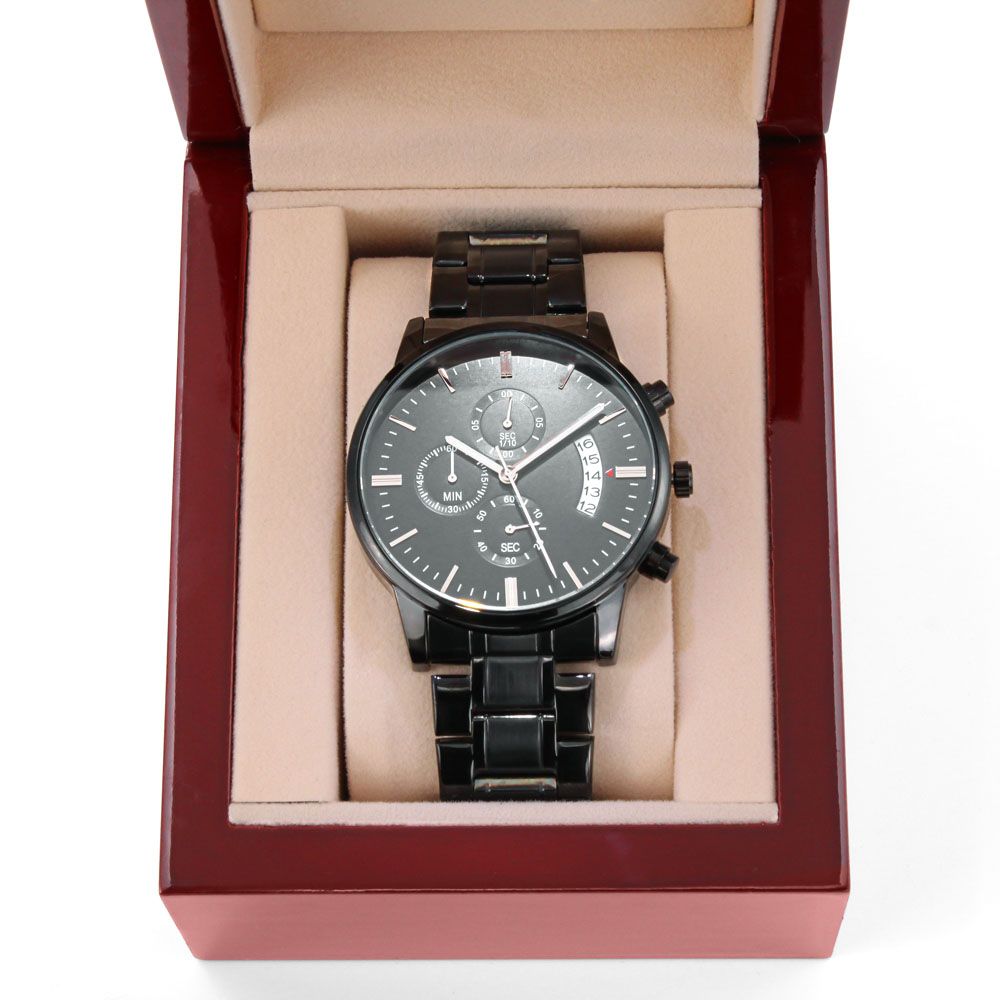 A personalized gift that can withstand constant use, this Customizable Engraved Black Chronograph Watch is the perfect gift for all the special men in your life. A thoughtful groomsmen gift, an anniversary memento, or a long-lasting keepsake for Father’s Day - it's a versatile piece sure to warm hearts and create smiles.