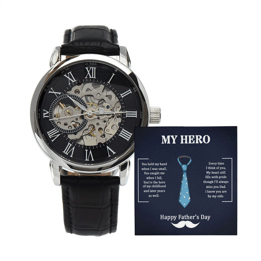 Give the gift of luxury with this handsome and daring timepiece. The Men's Openwork Watch is the perfect blend of classic design and modern styling, making it an essential accessory for your remarkable style.