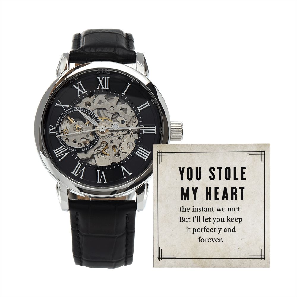 This watch sports a genuine leather strap, is splash resistant, and has increased durability thanks to hardened mineral glass. Our unique skeleton dial feature allows you to peer directly into the inner workings of your watch. Beautifully crafted to be automatic, this watch requires motion instead of batteries.